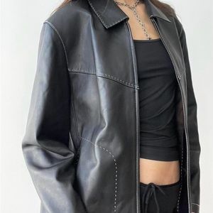 ITALIAN VINTAGE ZIP UP CONTRAST STITCH BLACK LEATHER JACKET